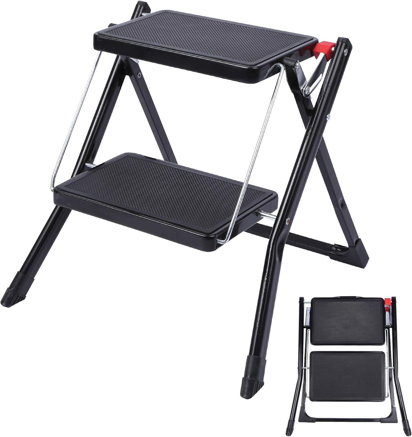 Varbucamp 2 Step Stool Folding Step Stool for Adults, Lightweight Portable Small 2 Step Ladder with Wide Pedal for Kitchen and Household, Black