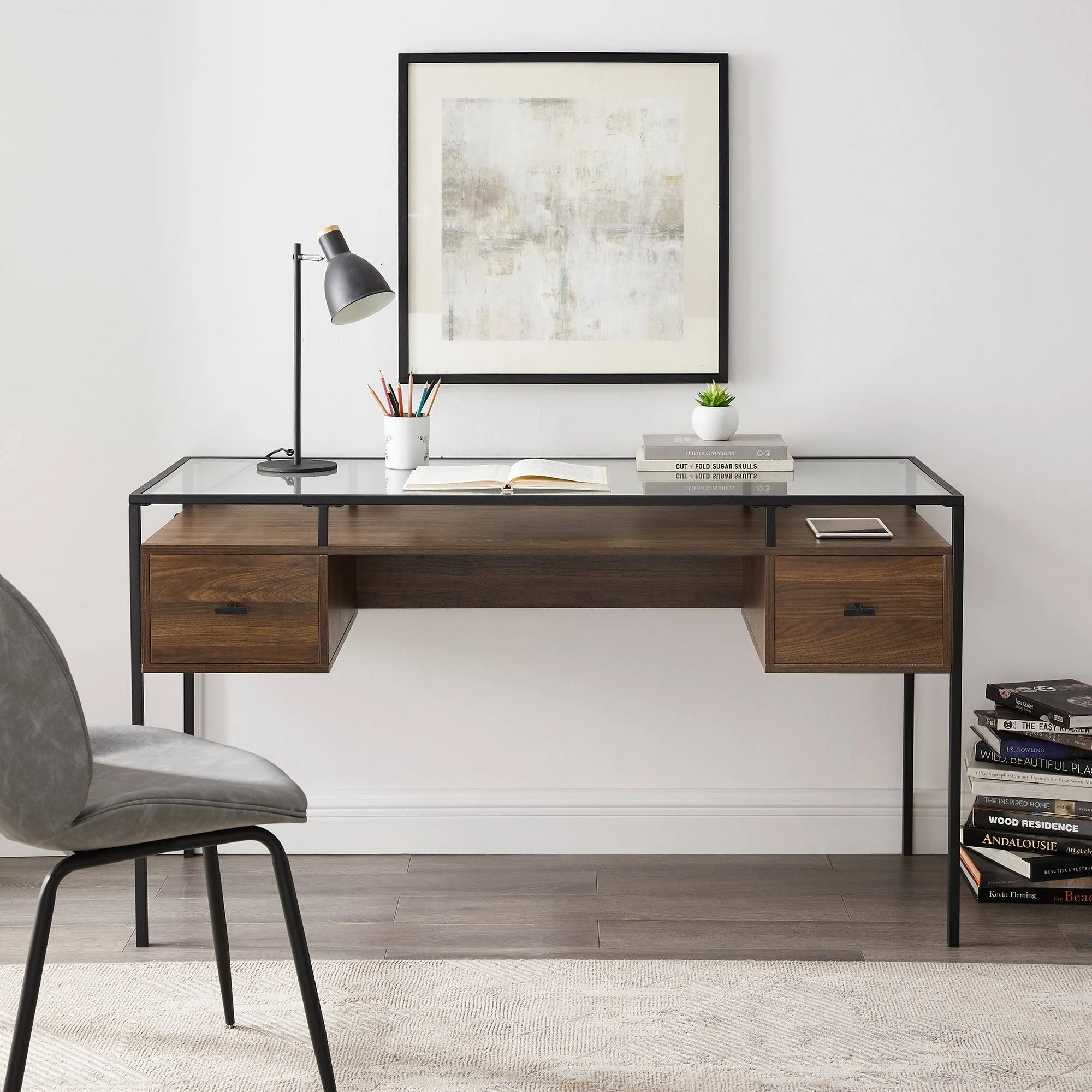 Carson Carrington 56-Inch Glass Top Writing Desk - Dark Walnut