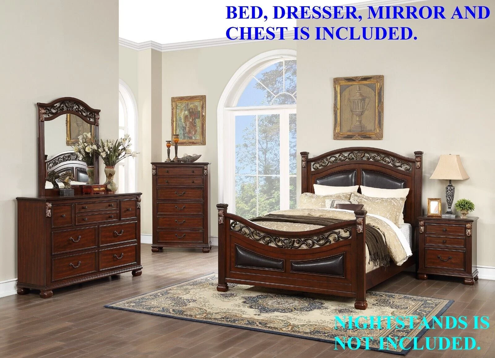 Royal Gorgeous Traditional Queen Bed Dresser Mirror Chest Wooden Brown Finish 4pc Set Bedroom Furniture - Curated Treasures Market