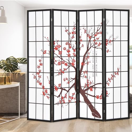 GOFLAME Japanese Style 4 Panel Room Divider, 6ft Folding Shoji Screen Room Partition with Plum Blossom Design, Solid Wood Frame