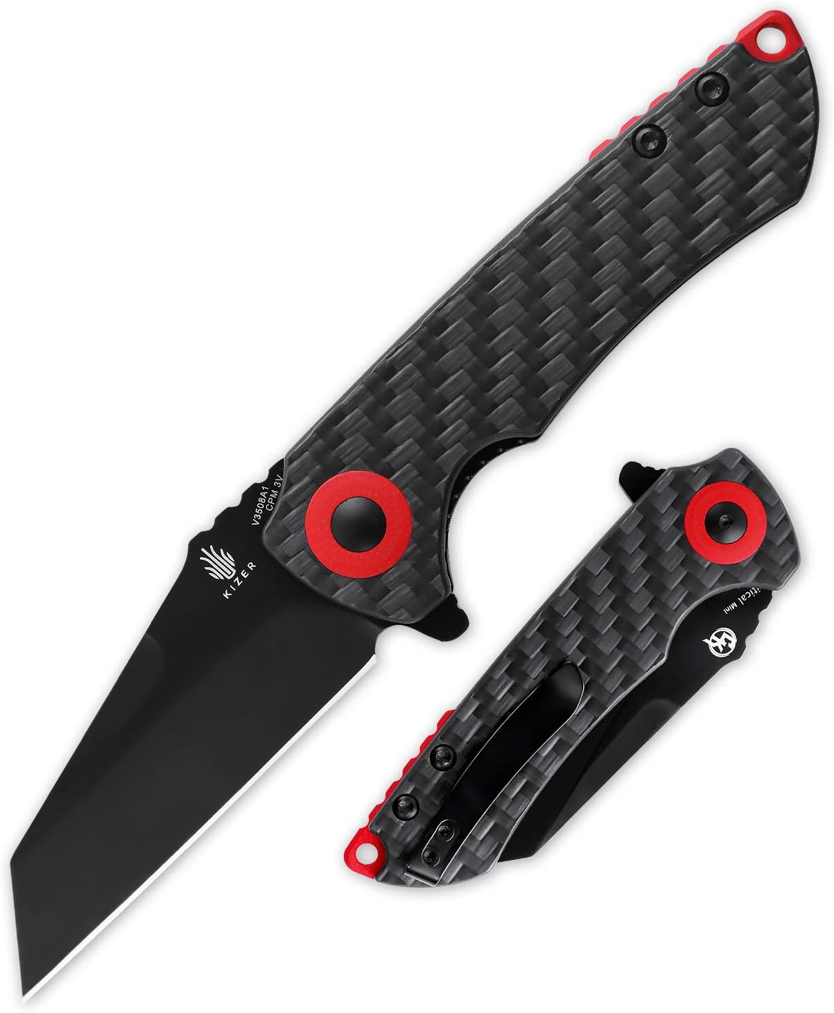 Kizer Critical Mini, Pocket Knives with 2.98 Inches CPM-3V Wharncliff Blade, Carbon Fiber Handle, Flipper Opening for Outdoor, Hunting