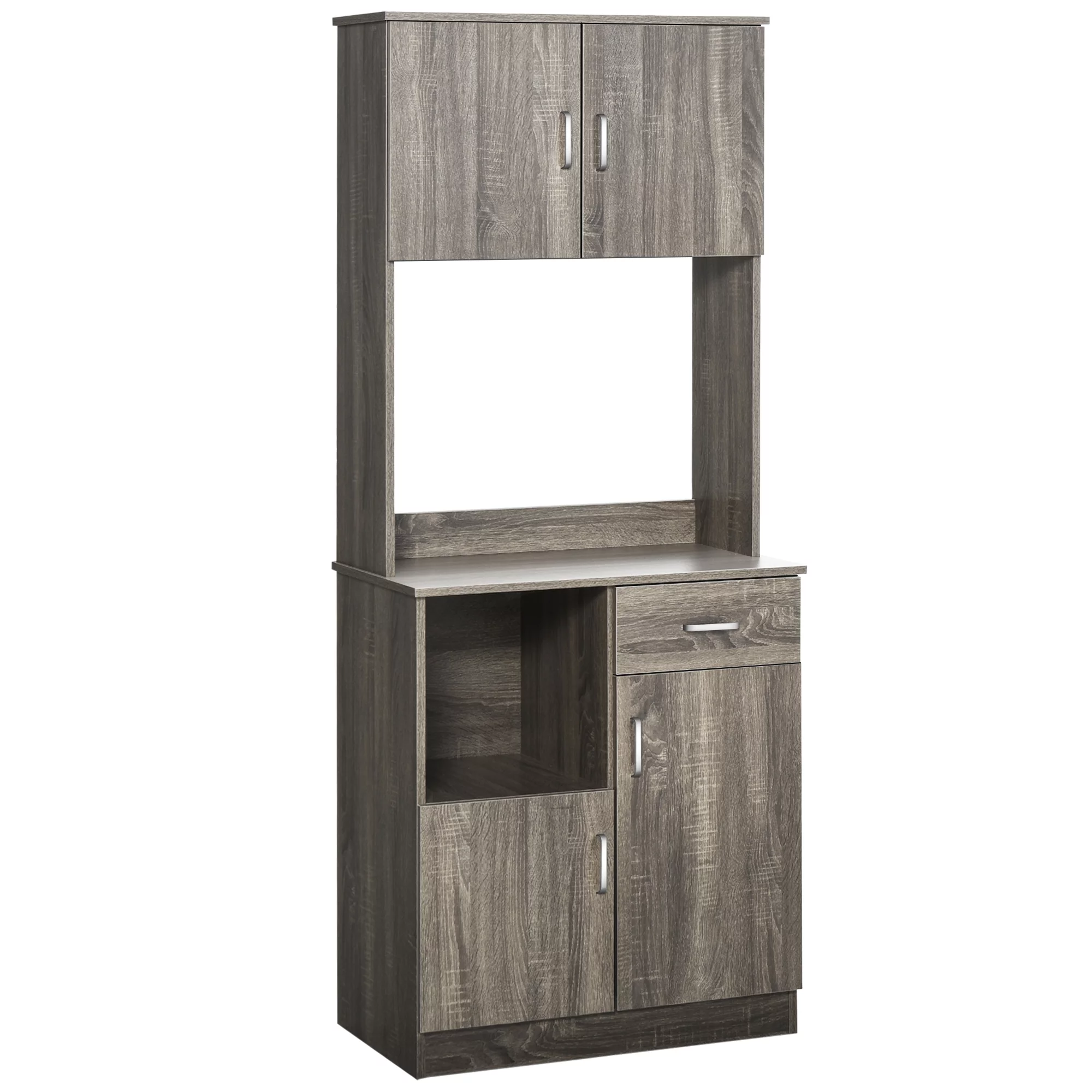 HOMCOM Kitchen Pantry Storage Cabinet with Microwave Stand, Buffet with Hutch, Door Cupboards, Drawer and Adjustable Shelves, Gray