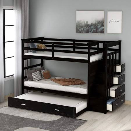 Sentern Wood Twin Over Twin Bunk Bed with 4 Storage Drawers, Staircase, Twin-size Trundle, Size: See description, Brown