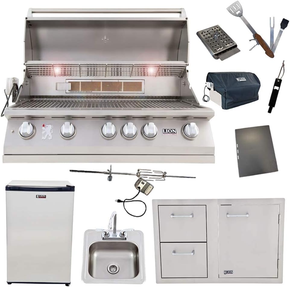Lion 40-Inch Natural Gas Grill L90000 with Refrigerator and Door and Drawer Combo and Drop-In Sink with and 5 in 1 BBQ Tool Set Best of Backyard
