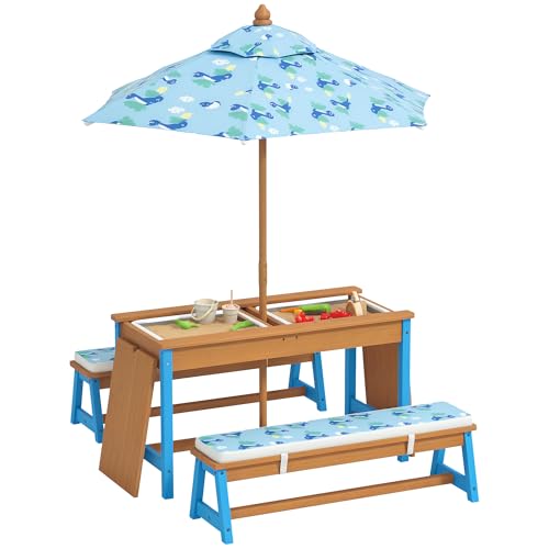 Qaba Kids Picnic Table, Wooden Table and Bench Set with Foldable Umbrella, Removable Cushions & Boxes