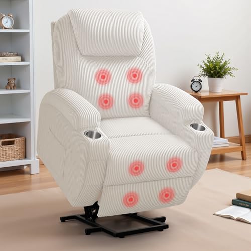 Flamaker Power Lift Recliner Chair PU Leather with Massage for Elderly Ergonomic Lounge Chair Classic Single Sofa with 2 Cup Holders Side Pockets