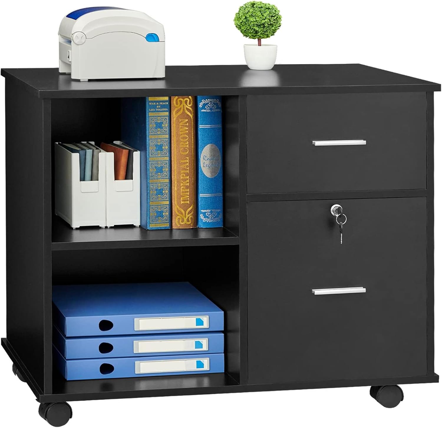 GreenForest Wooden File Cabinet 2 Drawer Lateral Filing Cabinet with Lock Mobile Printer Stand on Wheels with Open Storage Shelves for Home Office