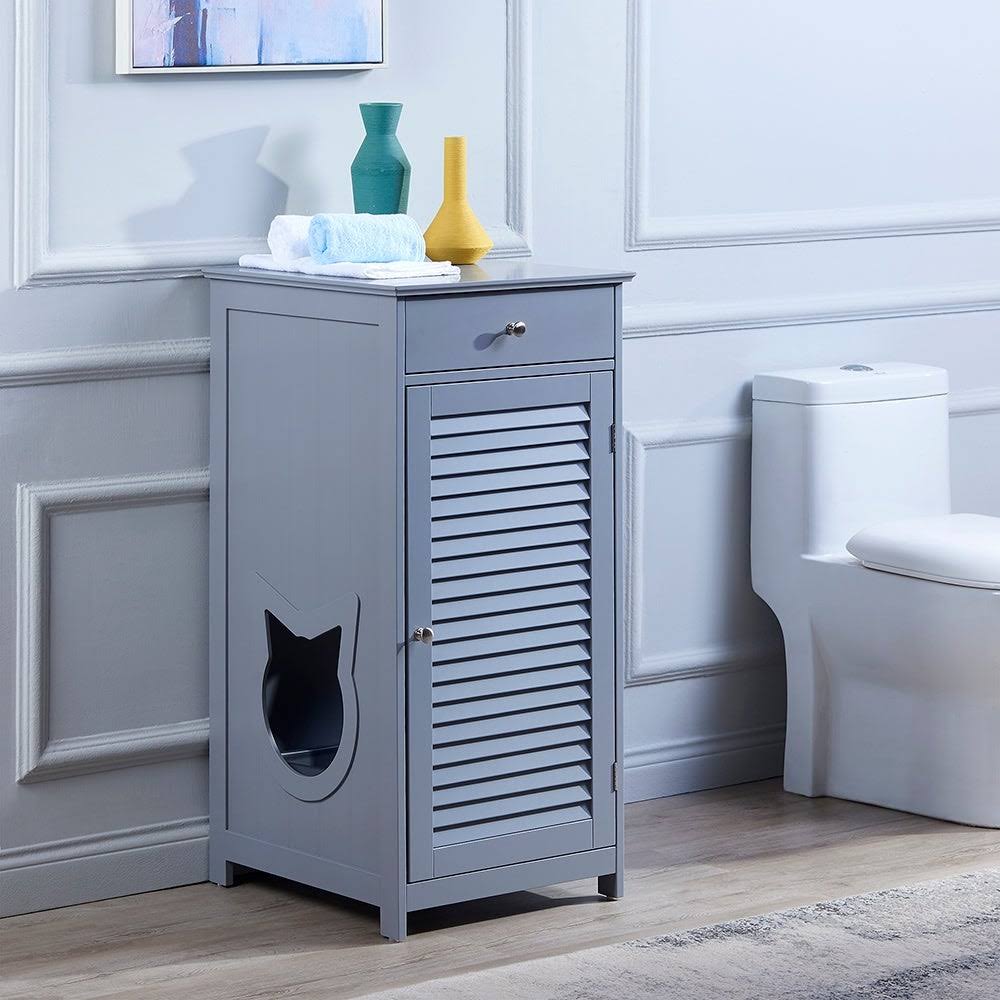 Penn-Plax Cat Walk Furniture: Contemporary Home Cat Litter Enclosure - Storage Drawer, Inner Shelf, and Shutter Style Door - Gra