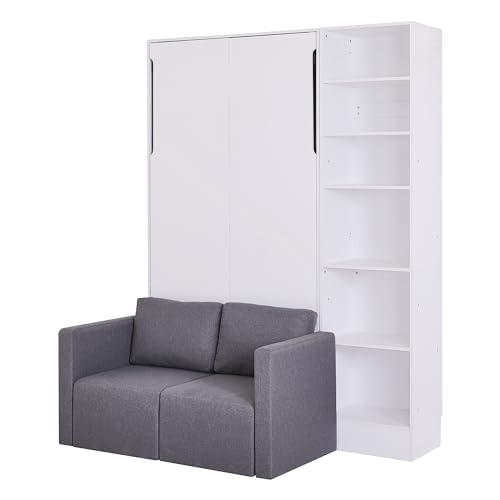MERITLINE Queen Murphy Bed with Couch and Storage Shelves,Wood Murphy Bed Cabinet with Storage Shelves and Sofa