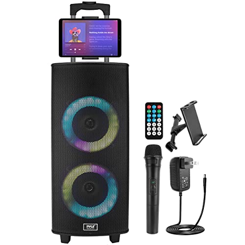 Pyle Portable Bluetooth PA Speaker System - 700W Dual 8” Rechargeable Speaker, TWS, Party Light, LED Display, FM/AUX/MP3/USB/SD, Wheels, Wireless Mic