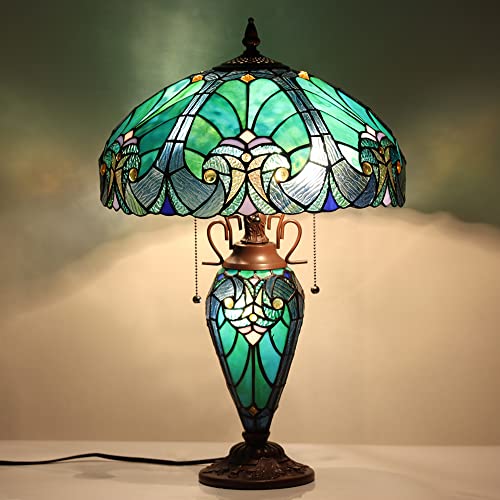 Tiffany Table Lamp with Night Light 16 inch Large Stained Glass Table Light Victorian Style Sea Green Antique 3 Light Desk Lamp for Living Room