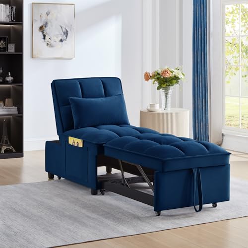 KINFFICT 3 in1 Velvet Single Sofa Chair Bed with Storage Pockets, Uphostered Tufted Pull-Out Sofa Bed with Adjustable Backrest and Pillows