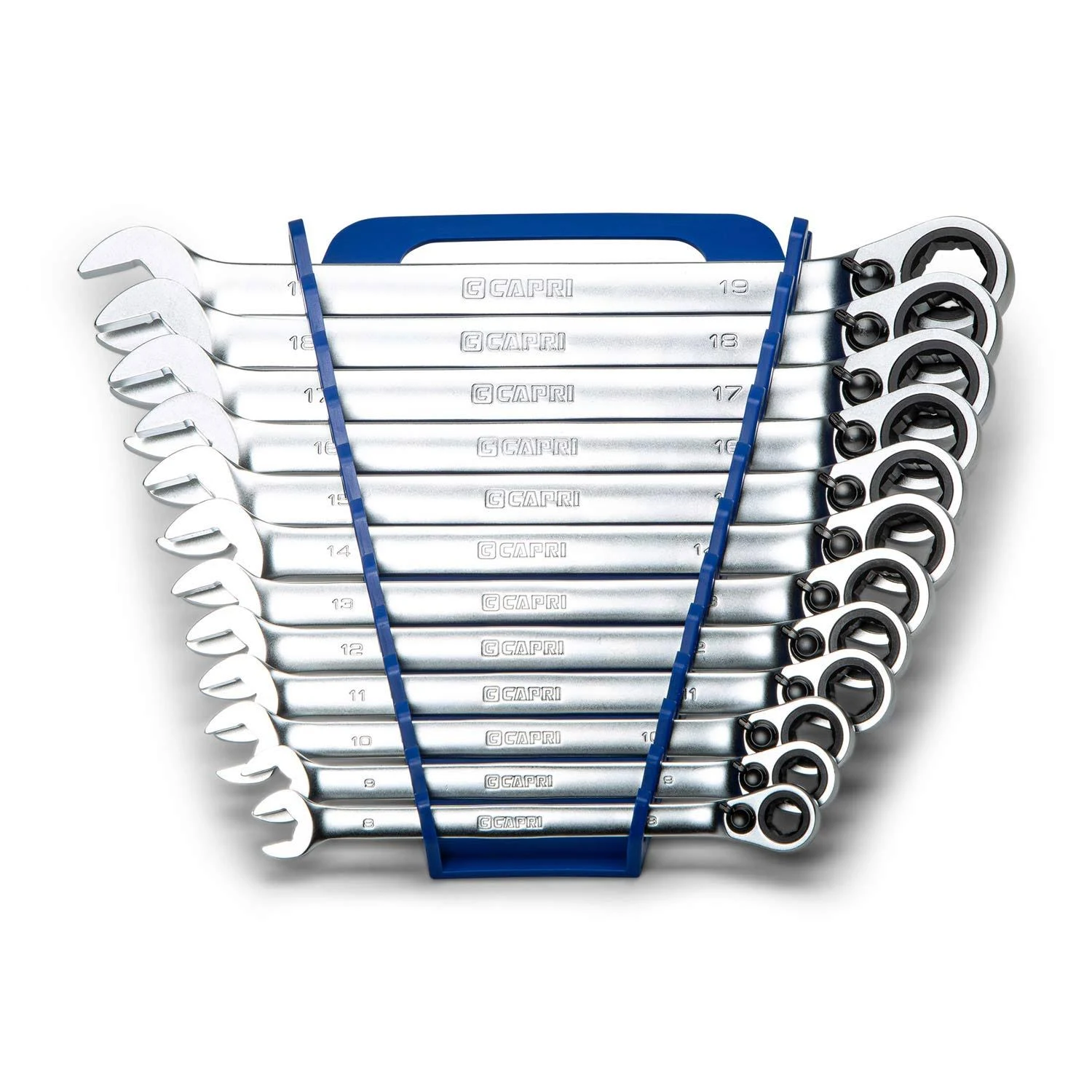 Capri Tools 6-Point Reversible Ratcheting Combination Wrench Set, Long Pattern, 8 to 19 mm, Metric, 12-Piece in A Convenient Wre