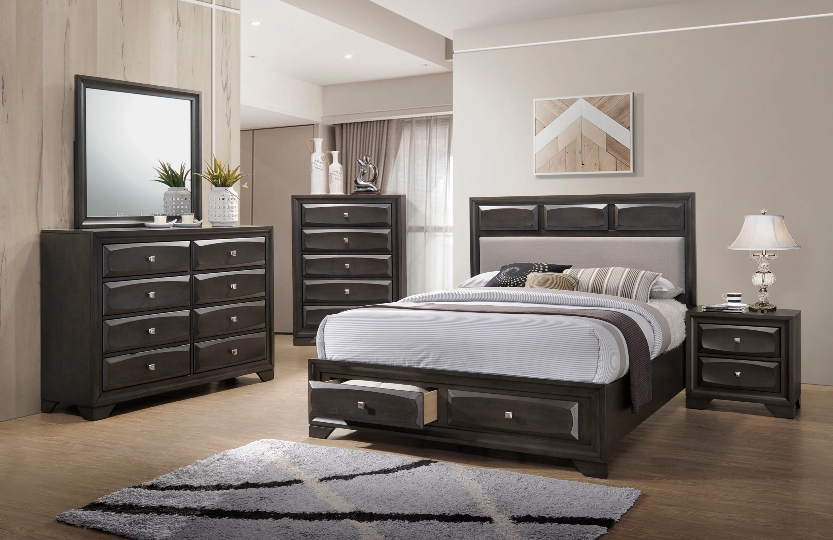 Transitional Style 4pc Set Bedroom Furniture Queen Size Bed Dresser Mirror Nightstand Charcoal / Grey Finish MDF Veneer
