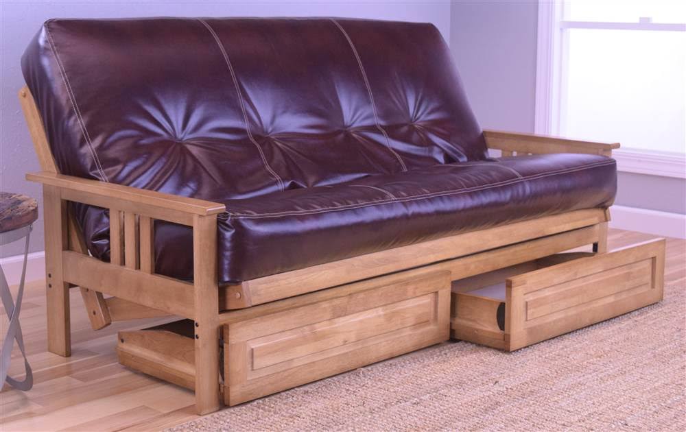 Kodiak Monterey Butternut Full Futon Frame with Oregon Trail Saddle Mattress and Storage Drawers