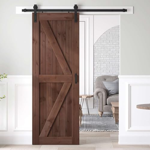 36x84 inch Sliding Barn Wood Door Slab with 6.6ft Hardware Kit and Handle, Coffee, K Shape, Simple DIY Assembly
