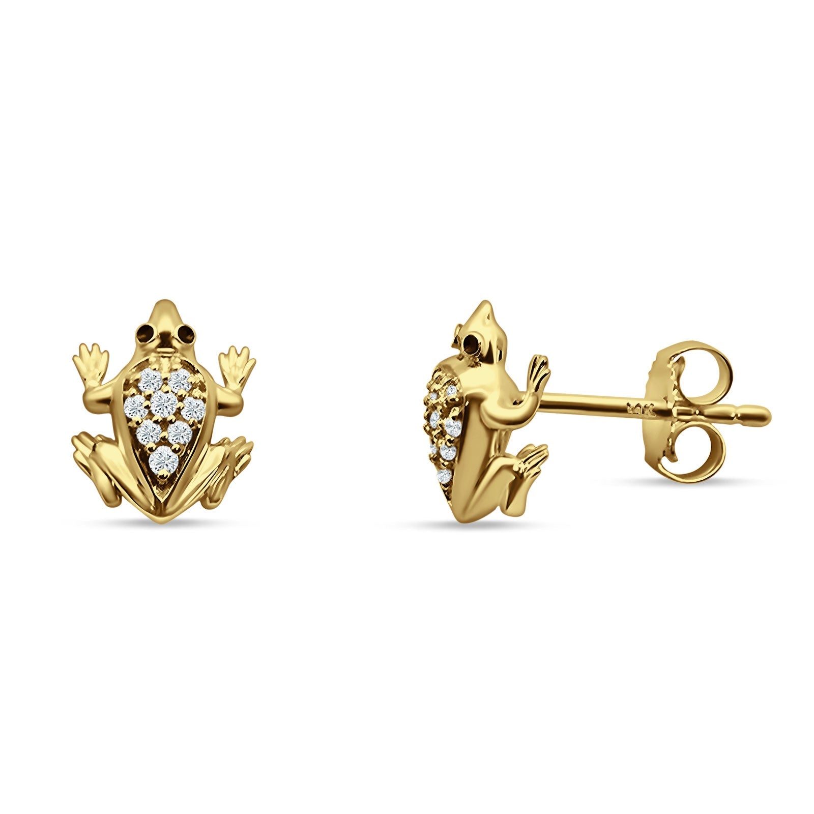 14K Yellow Gold Dainty Cute Animal Jewelry Diamond 0.08ct Frog Stud Earrings