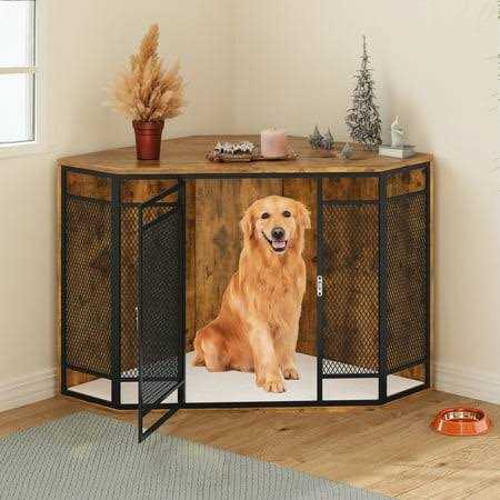 Dextrus Corner Dog Crate Furniture,Stylish 43.7-inch Wooden Dog Kennel with Sturdy Metal Mesh - Pet Supplies online store