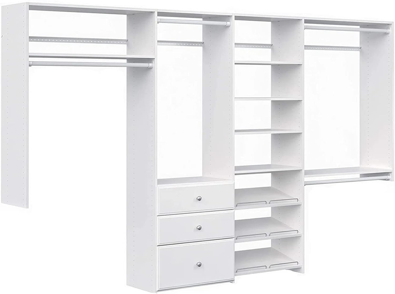 Dual Tower Closet Storage Wall Mounted Wardrobe Organizer Kit System with Shelves and Drawers for Bedroom in White with Hardware Wood Closet