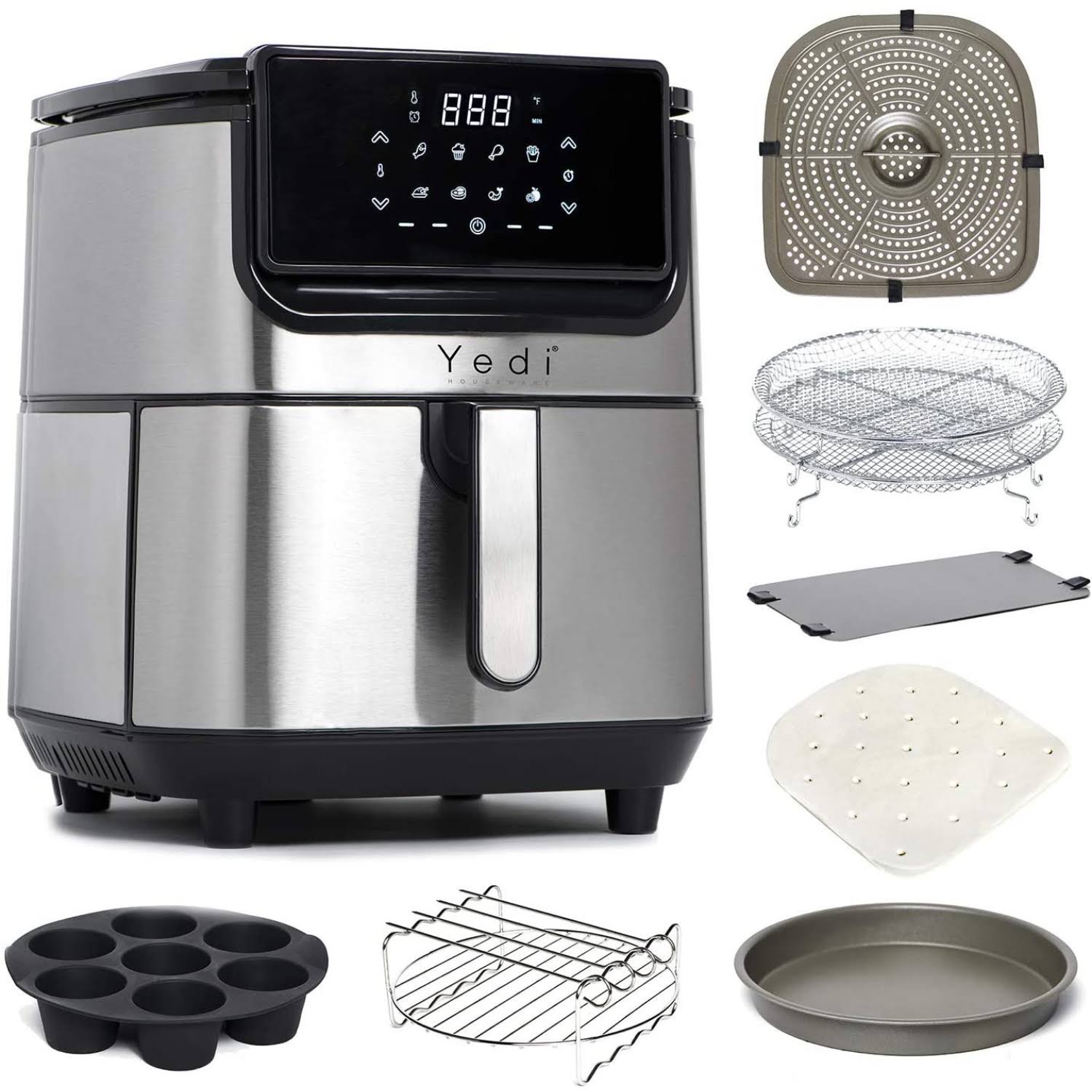 Yedi Evolution Air Fryer, 6.8 Quart, Stainless Steel, Ceramic Cooking Basket, with Deluxe Accessory Kit and Recipe Book