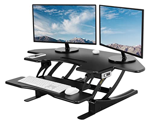 VIVO 43 inch Corner Electric Height Adjustable Cubicle Stand Up Desk Converter, VE Series, Sit to Stand Tabletop Dual Monitor Riser with USB Port