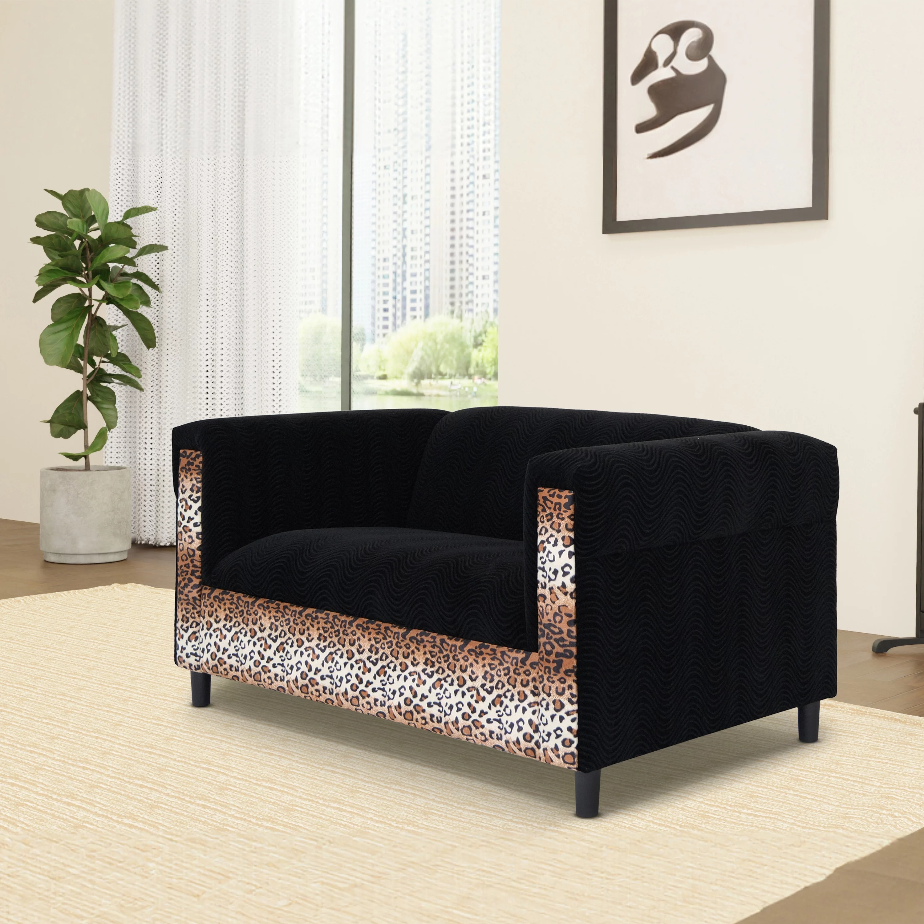 Coast to Coast Sofas Broadway Velvet Black Loveseat Sofa for with Leopard Print Solid Wood Frame