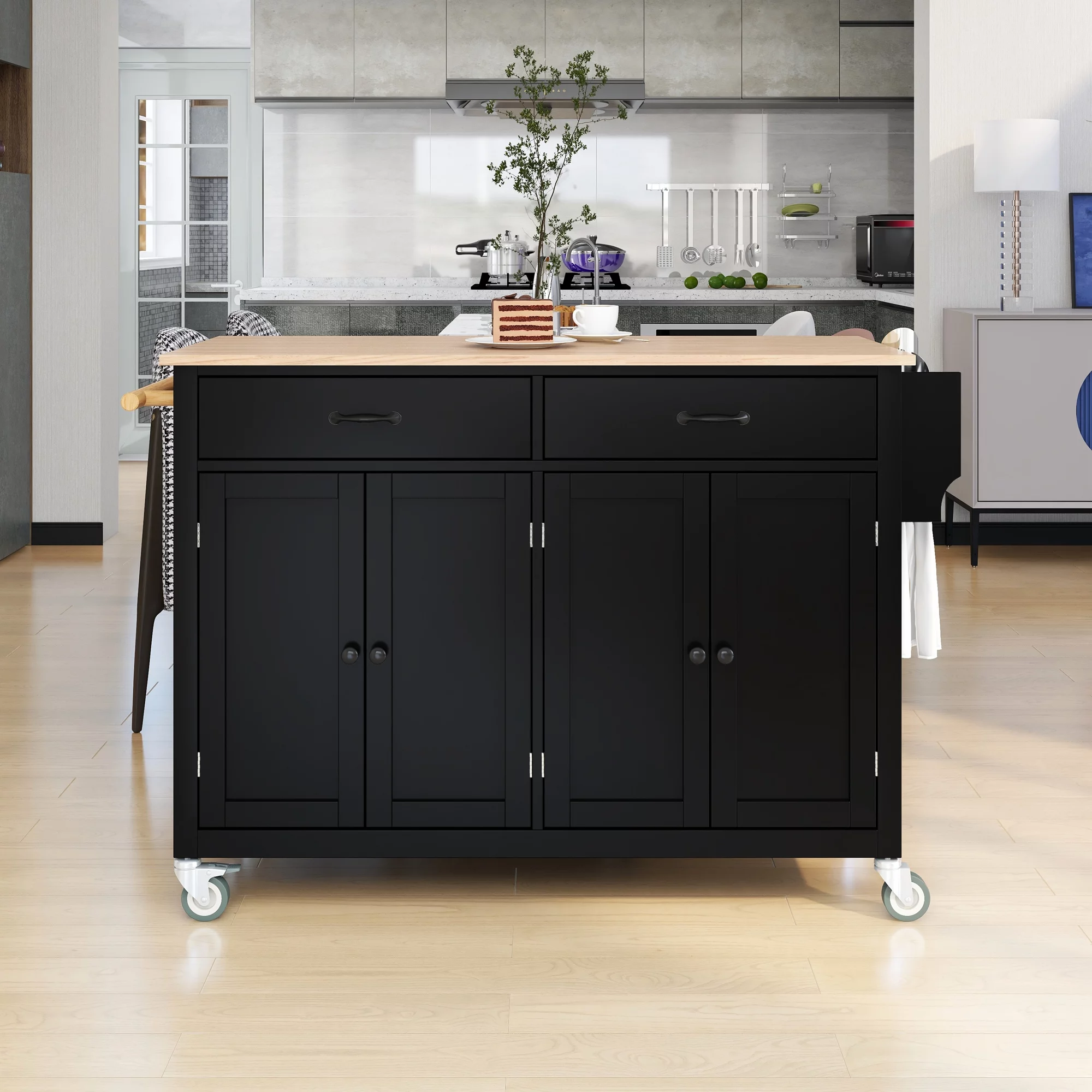 Movable Kitchen Island Cart, Storage Cart with 4-Door Cabinets and 2 Drawers, Modern Wood Kitchen Storage Cart with 2 Lockable Wheels