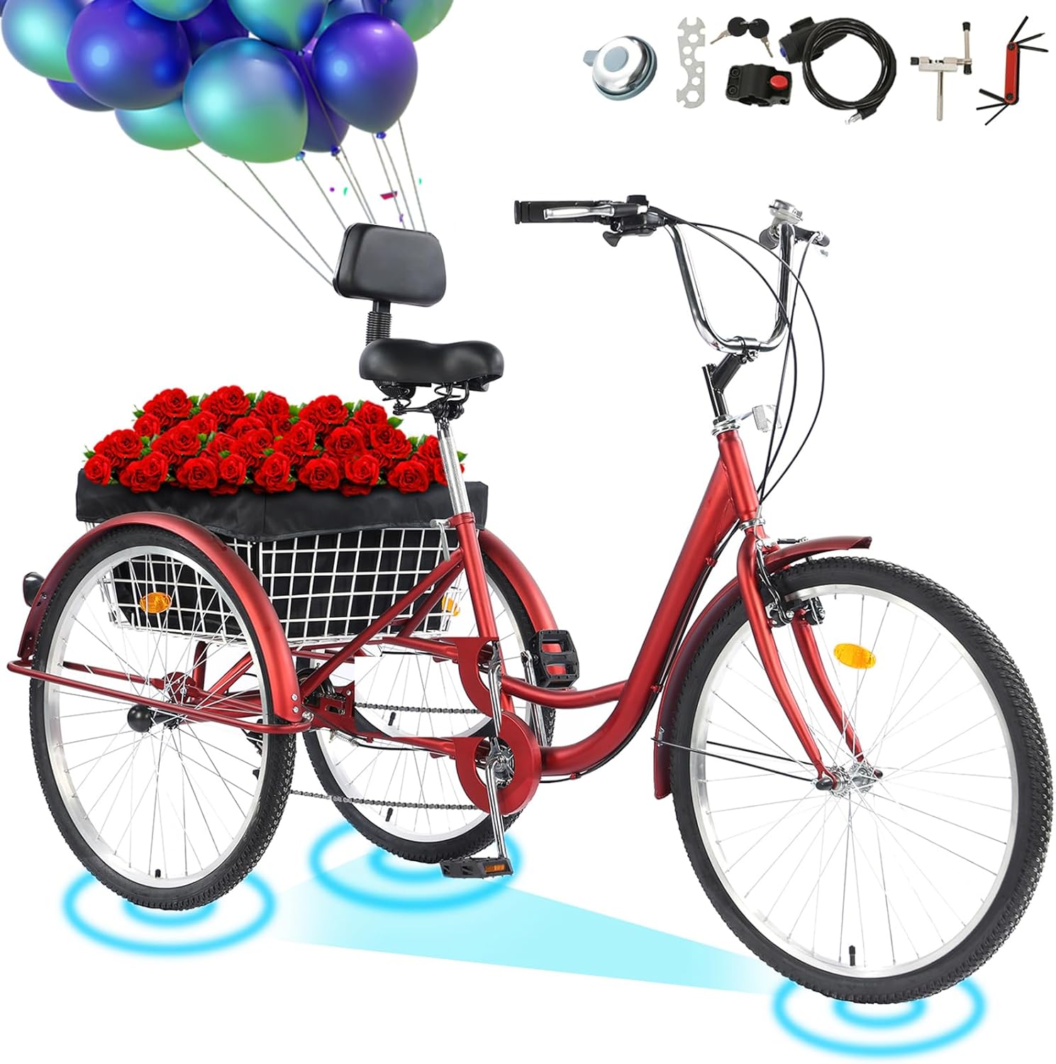 Adult Tricycle, 7 Speed Tricycles for Adults, 26 Inch Cruise Trike, Three Wheel Bikes with Large Basket & Low-Step Through Frame & Lock Kit