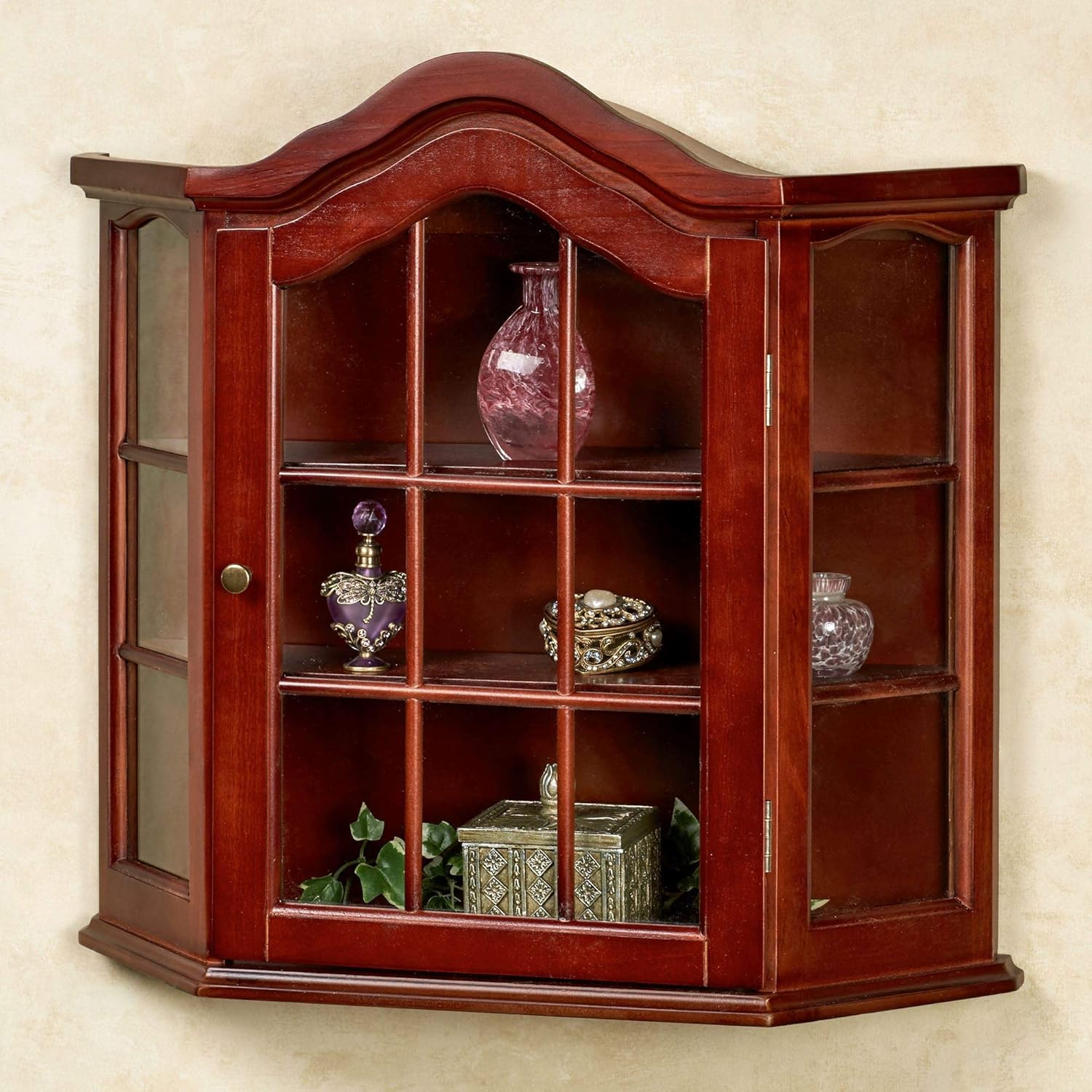 Aubrie Wooden Wall Curio Cabinet Classic Cherry One Size - Handcrafted Wood - Traditional Style Decor - 21 Inches High