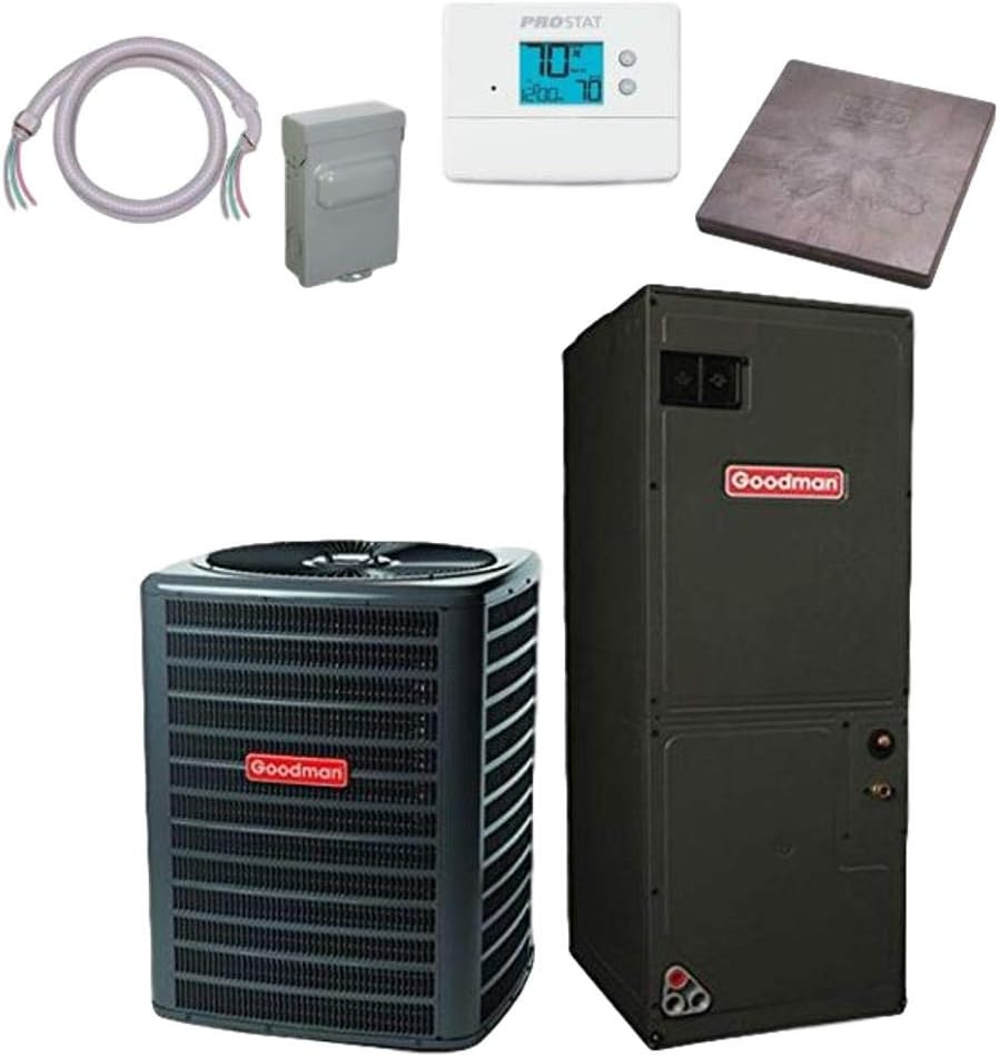 Goodman 2 TON 14 SEER Heat Pump Bundle (GSZ140241 ARUF25B14)+Accessories - Whip, Disconnect, Condenser pad and Thermostat