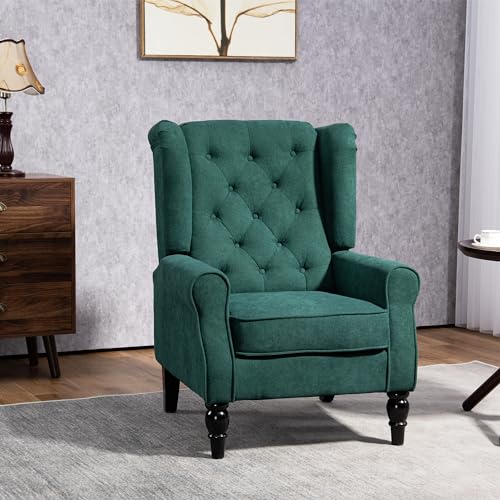 HOMCOM Mid-Century Modern Accent Chair, High Wingback Chair, Button-Tufted Upholstered Fabric Armchair with Retro Wood Legs for Living Room, Bedroom