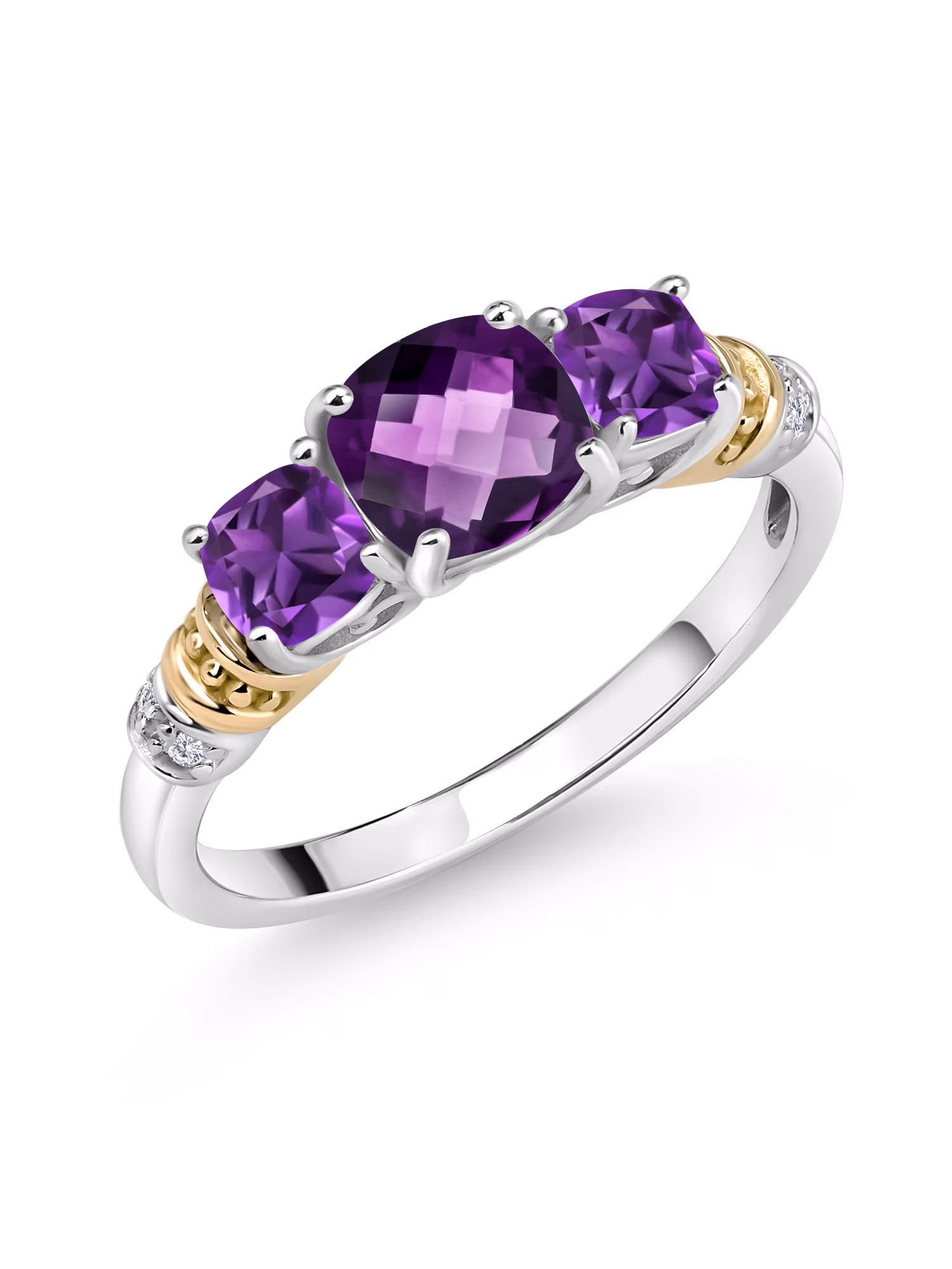 Gem Stone King 925 Silver and 10K Yellow Gold Purple Amethyst and Diamond 3-Stone Ring For Women (1.30 Cttw, Gemstone February Birthstone