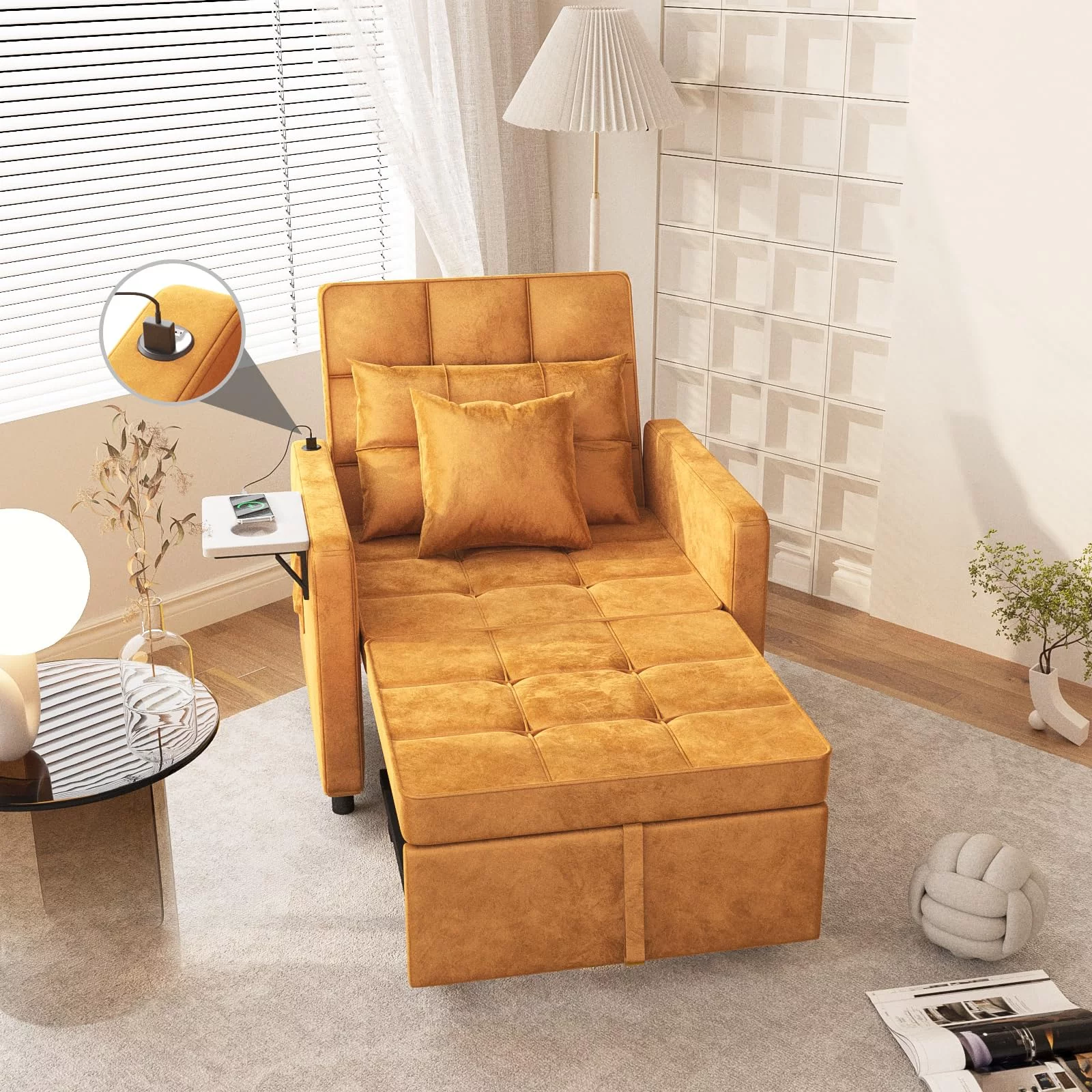 VEANERWOOD Sofa Bed Chair with Wing Table and USB Ports, 3-in-1 Sofa Chair Bed with Two Pillows, Velvet Sleeper Chair with Adjustable Backrest