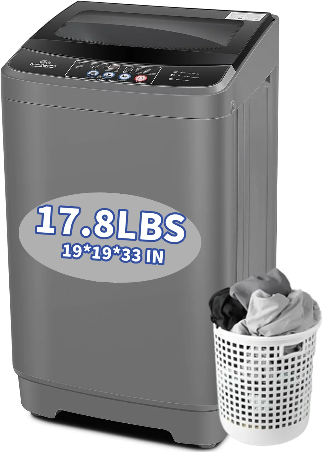 Qhomic 17.8lb Full Automatic Washing Machine, Compact Wahing Machine with Drain Pump, Power Motor 20-Mins Quick Wash, LED Display