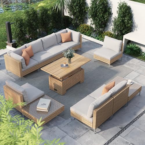Grand patio 7-Piece Wicker Patio Furniture Set, Boho Outdoor Conversation Set Sectional Sofa with Water Resistant Thick Cushions and Coffee Table