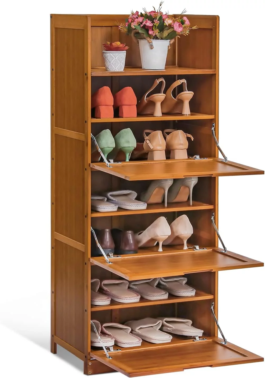 7 Tier Shoe Storage Cabinet, Bamboo Narrow Shoes Sneakers Rack Organizer Stand With Pull-Down Doors For 16-20 Pairs Entryway Hallway Living Room
