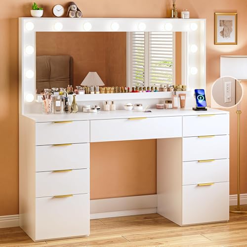 Vanity Desk with Large Mirror and Lights, 45.3in Makeup Vanity with Power Outlet 9 Drawers & Storage, 3 Lighting Color Adjustable