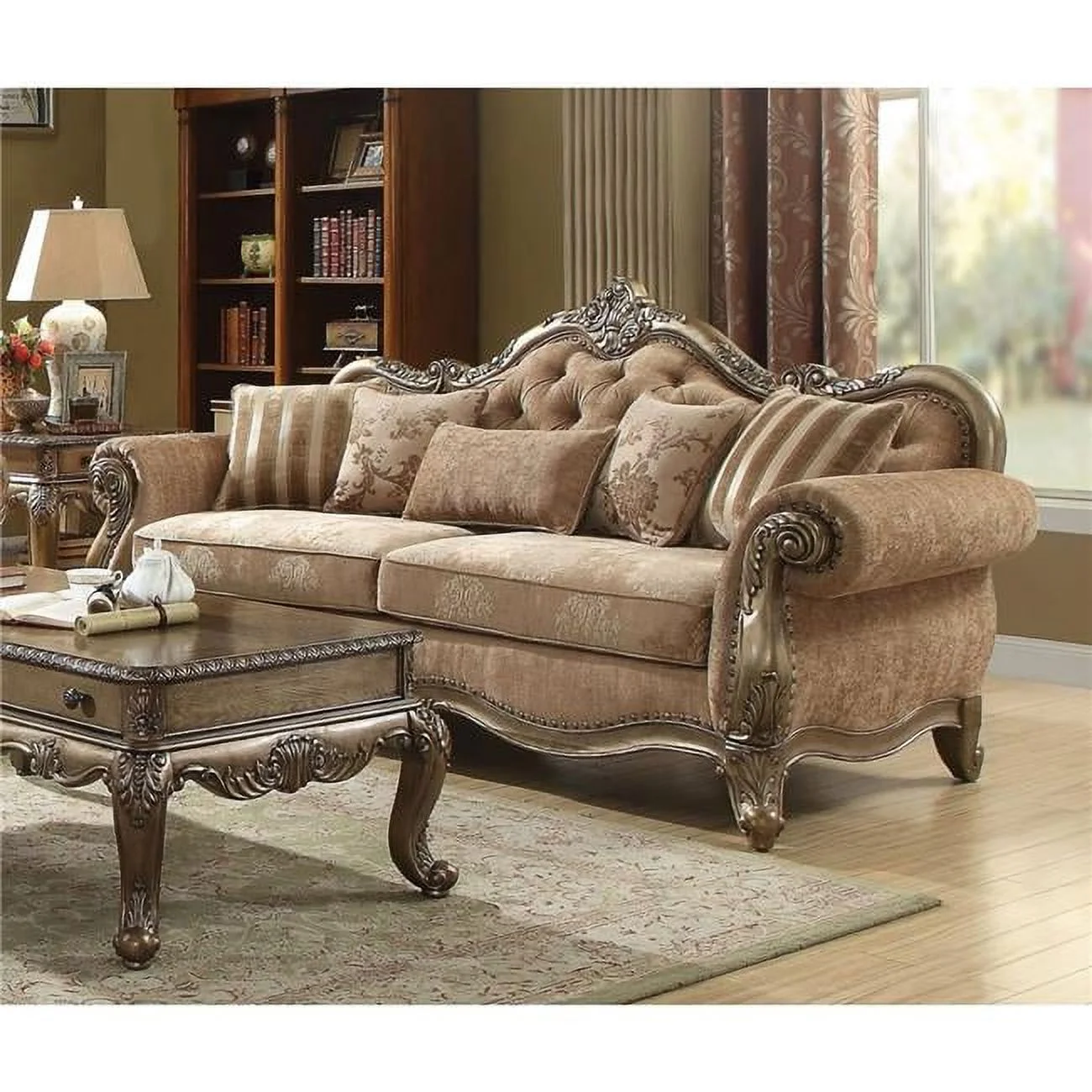 ACME 56030 Ragenardus Sofa with 5 Pillows - Fabric & Vintage Oak - 42 x 93 x 35 in.