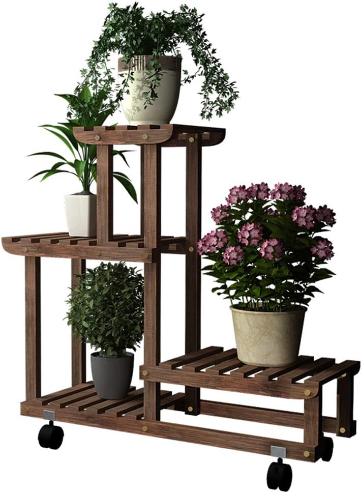 Potted Rack Plant Floor Stand Flower Pot Holder Bonsai Display Shelf Storage Shelves Multi-Layer Wooden with Wheels Portable Indoor Decoration for