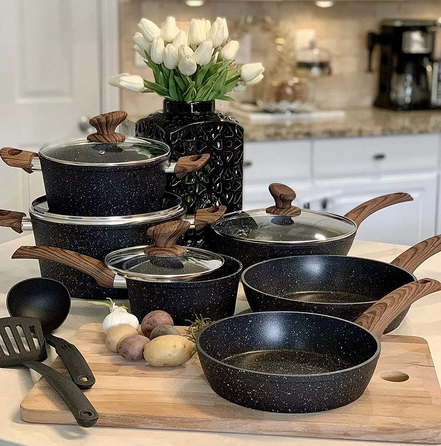 Kitchen Academy Induction Cookware Sets - 12 Piece Cooking Pan Set, Granite Black Nonstick Pots and Pans Set 12 PCS Cookware Set Black