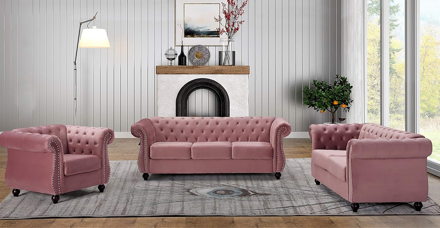 US Pride Furniture Direct Feinstein Modern Velvet Upholstered Living Room Set 3PC Sofas, Rose