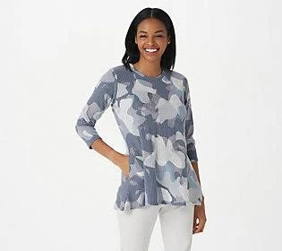Logo by Lori Goldstein Camo Printed Cloud Waffle Knit Top, Size Small, Neutral
