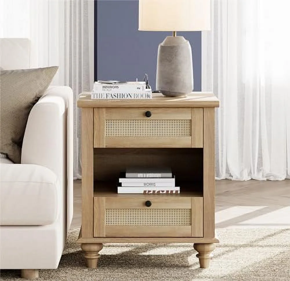 Rattan Nightstand End Table with Charging Station  Farmhouse Small Side Table for Living Room with 2 Drawers  Natural Wood Night Stand Bedside Table