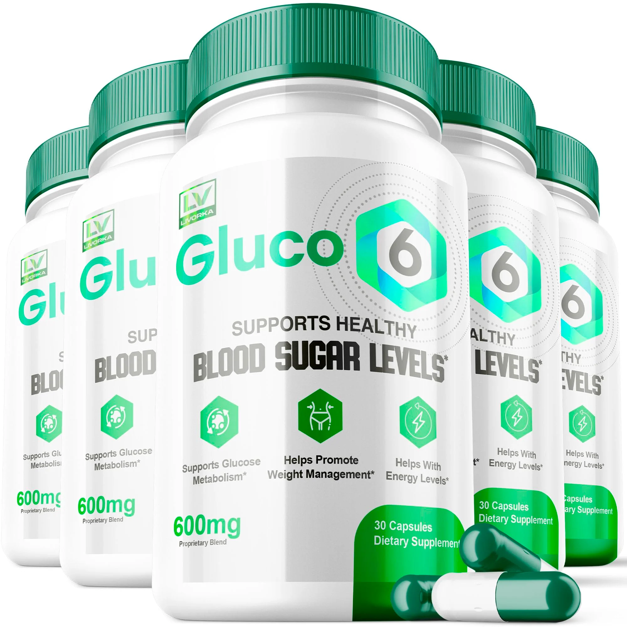 LIVORKA 5 Pack - Gluco 6 Capsules, Gluco6 Support, Gluco 6 Blood 150 Capsules for 5 Months, Gluco 6 Supplement, Gluco6 Reviews, Gluco Six Pills