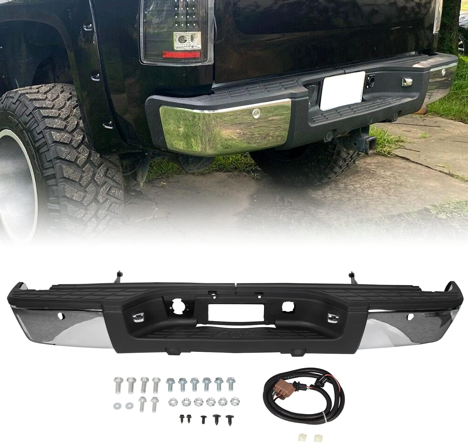 KUAFU Rear Step Bumper Assembly w/ROS Holes Compatible With 2007-2013 Chevy Silverado & GMC Sierra 1500 NEW Steel Chrome Replacement For 20899360