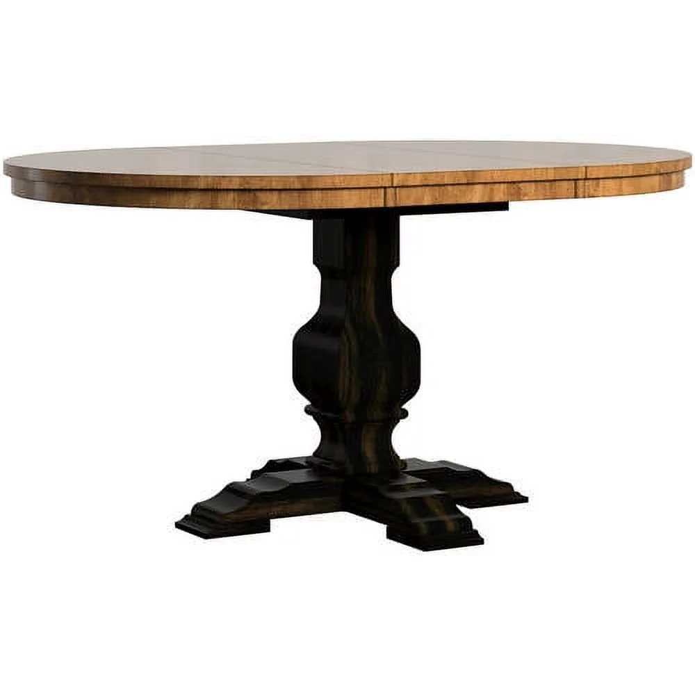 Weston Home 40- 60" Oval Wood Dining Table with Leaf, Oak Top, Pedestal Base, Antique Black