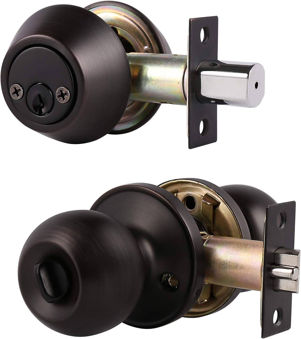 4 Sets-Entry Door Knob Lockset and Single Cylinder Deadbolt Combination Set, Keyed Alike Front Handlesets in Oil Rubbed Bronze