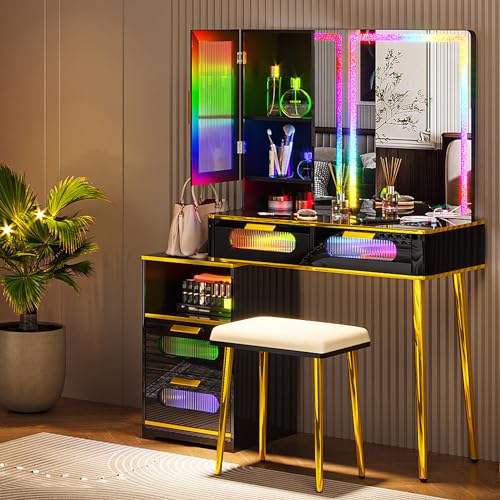 RGB LED Vanity Desk with Mirror and Lights, Makeup Vanity Table with Charging Station, 7 Dynamic and 24 Static Dimmable Vanity Set