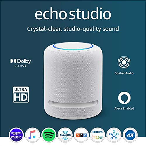 Like-New Amazon Echo Studio (newest model), Our best-sounding Alexa speaker, Perfect for living rooms, family rooms, and other large spaces