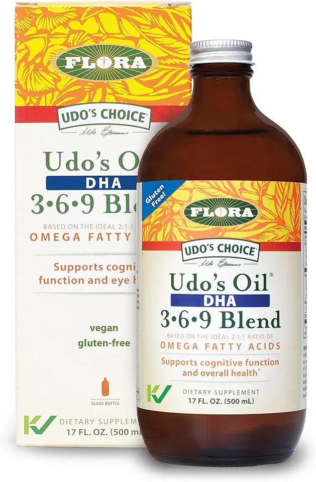 Flora Udo's Omega 3-6-9 Oil with DHA 17 Fl Oz Supplement - Organic, Plant Based, Vegan DHA, Superior to Fish Oil